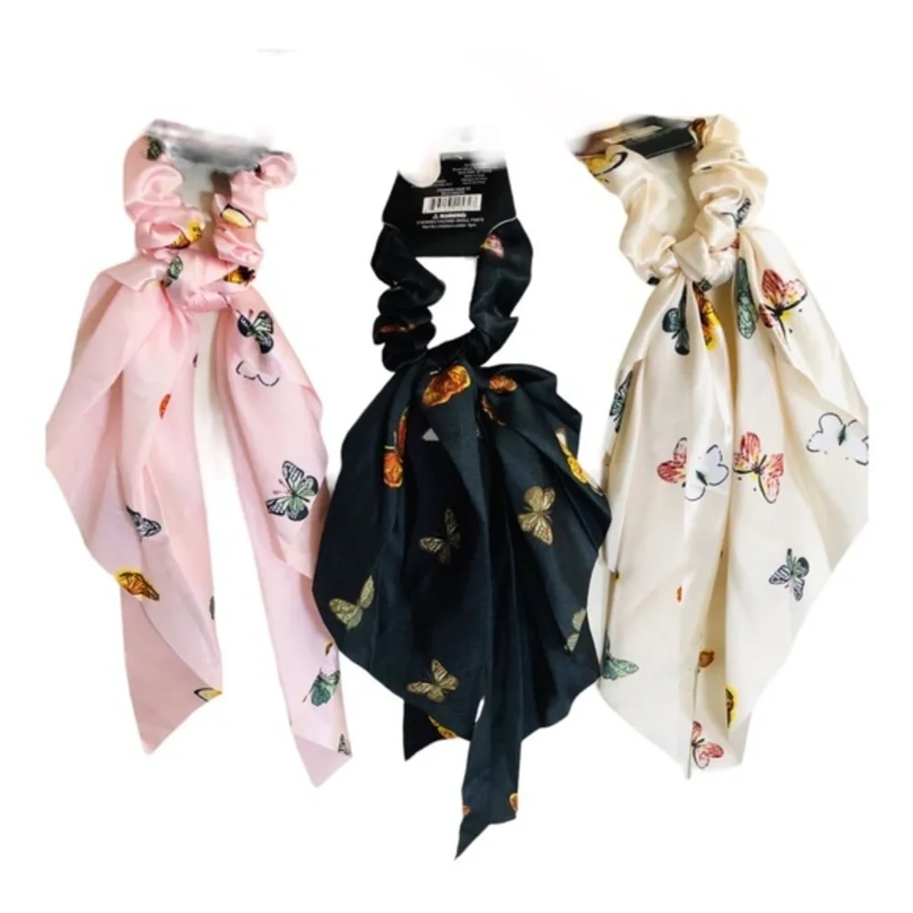 4 Butterfly print satin‎ look black, pink, blue ivory hair scrunchie scarves new